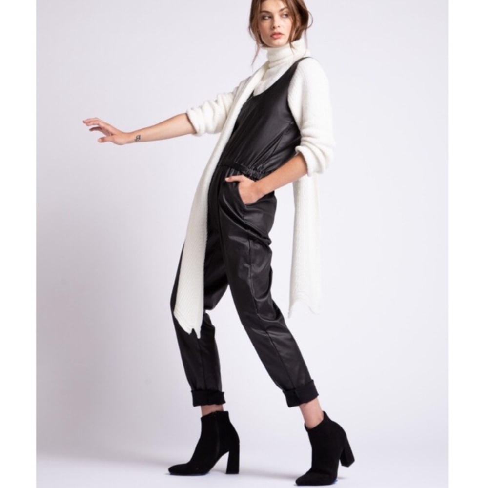 NWT! Free People Vegan Leather Black Overalls Jumpsuit Cotton Lined XS